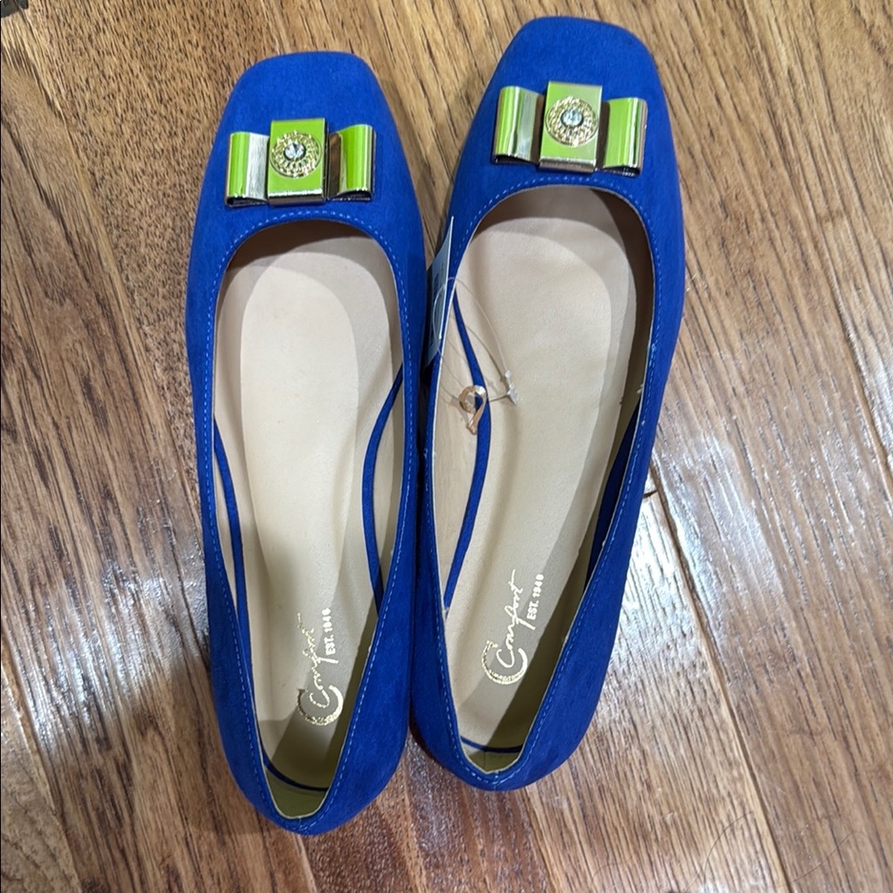 Cato Blue and Green Flats with Decorative Buckle